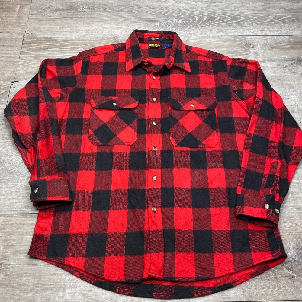 OshKosh BGosh Flannel Shirt Mens XL Red Black Buffalo Plaid Cotton Made in USA